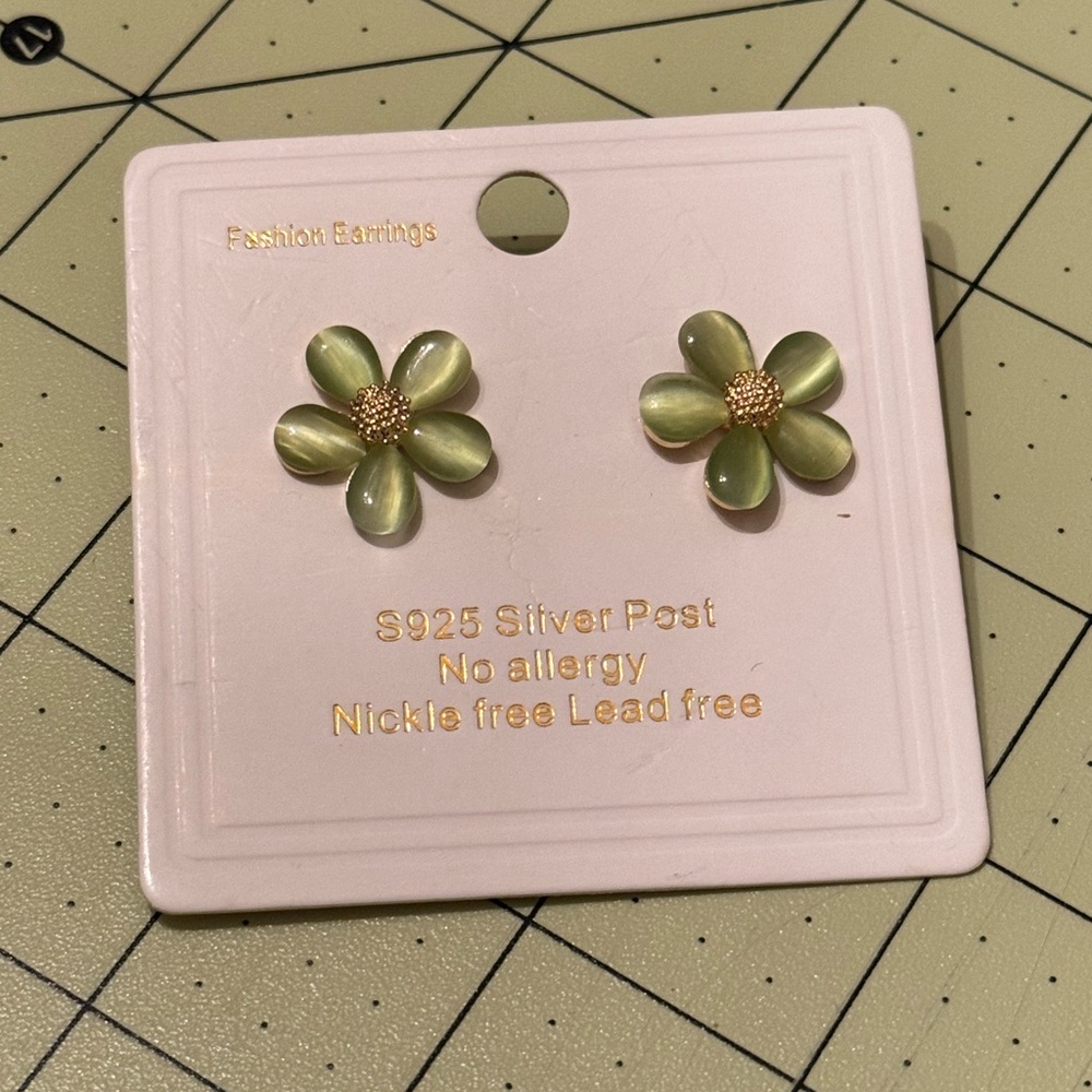 Green Flower Earrings with Silver Post
